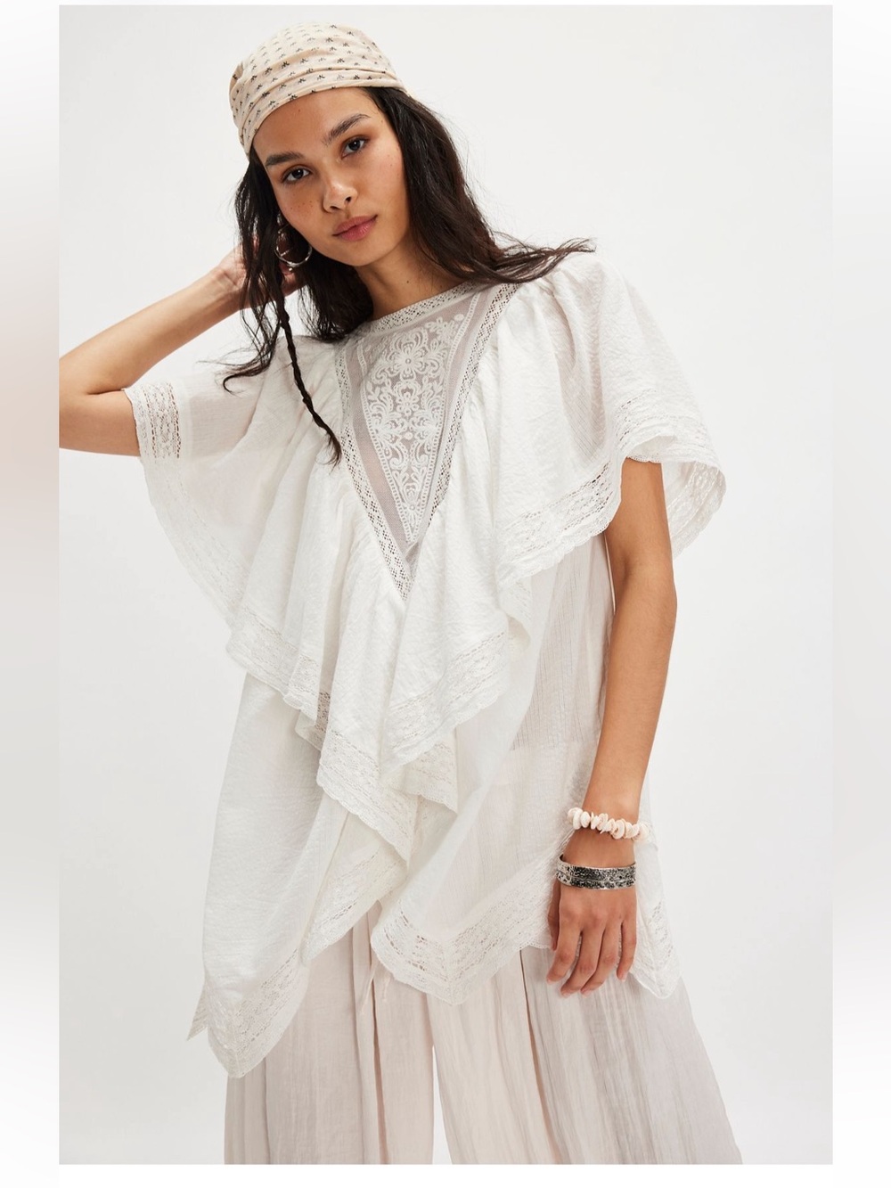 Free People Bailey Cape Top Lace Flutter Sleeve Boho Size Medium
